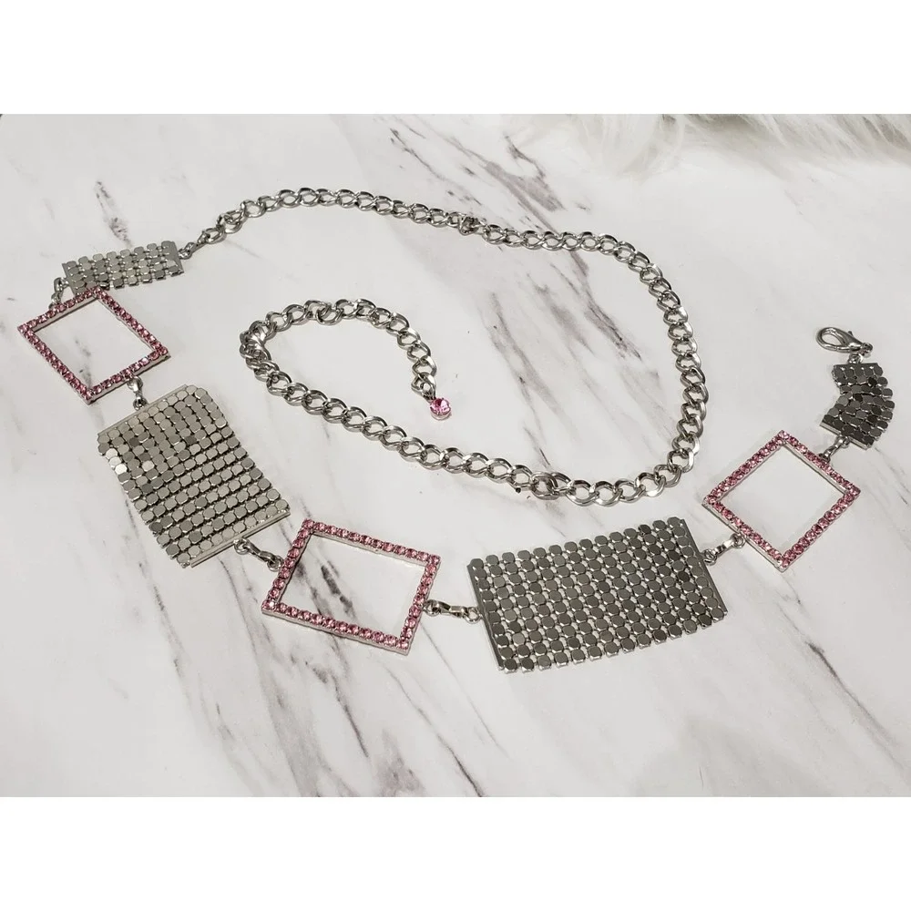 Vintage Rhinestone hipster belt PINK silver y2k 80s 90s bratz belly waist chain